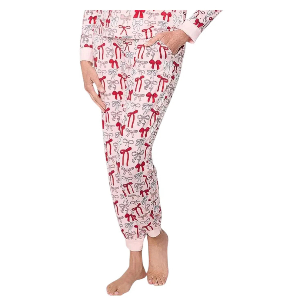MUK LUKS Women's Cloud Knit Henley Pajama Pants Jolly Pink Bows - Regular